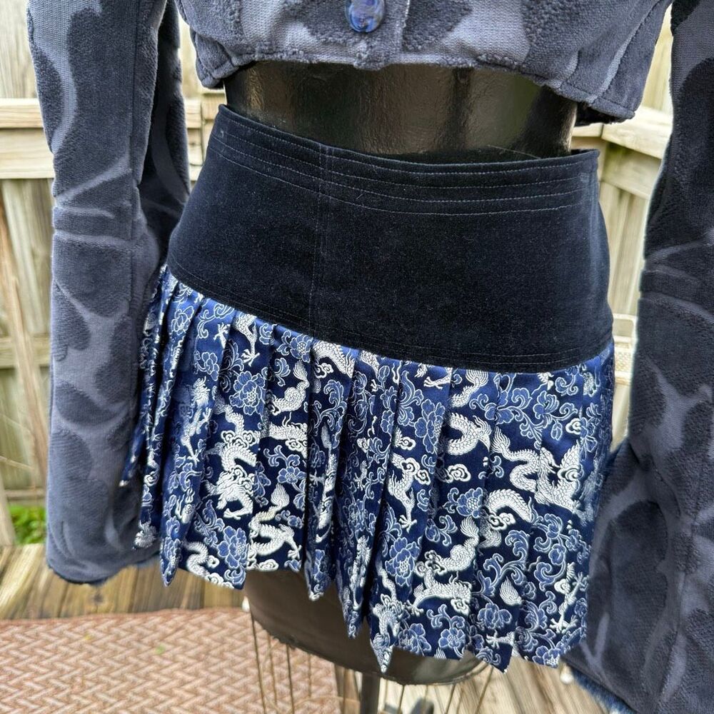 Handmade Blue Fur Trim Cropped Jacket & Dragon Mini Skirt Set Y2K Cyber Fairy Gr - Picture 6 of 11